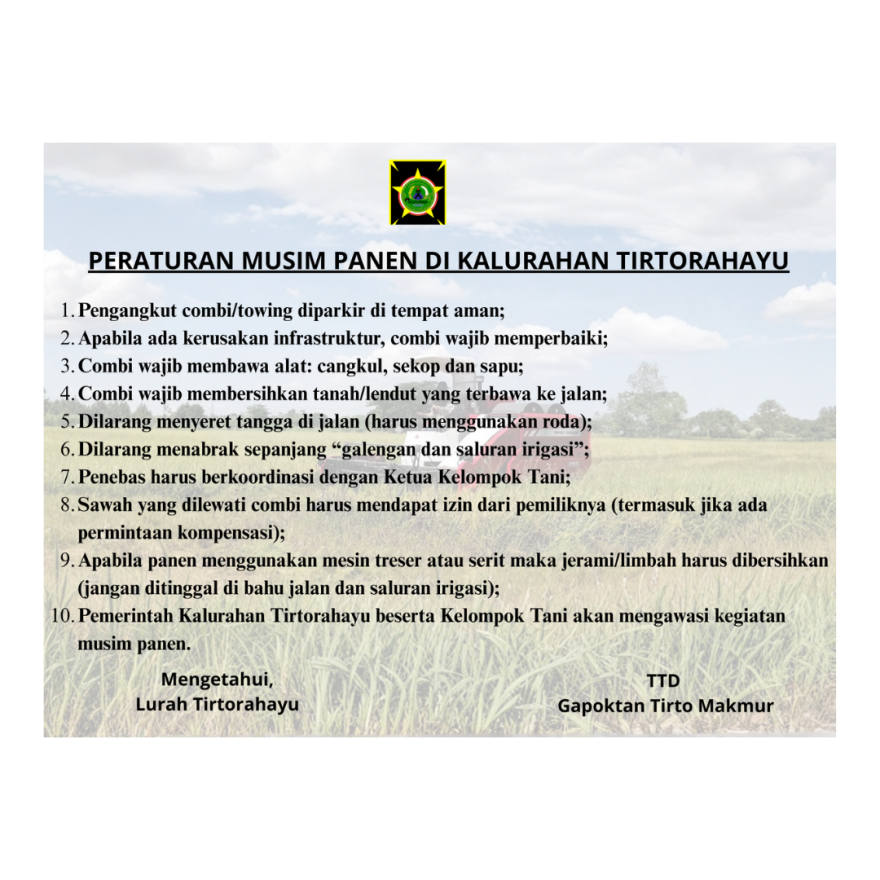 PERATURAN MUSIM PANEN DI KALURAHAN TIRTORAHAYU